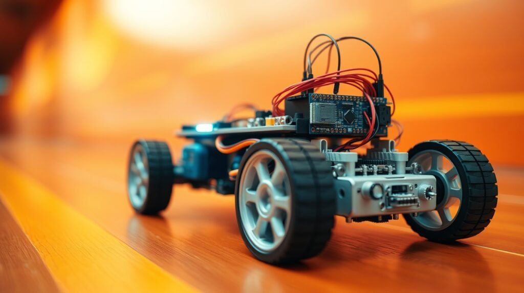Precise architectural color photograph of a line-follower robot car using an Arduino board. Warm reds, oranges, yellows, sharp lines, detailed structures, wide angle